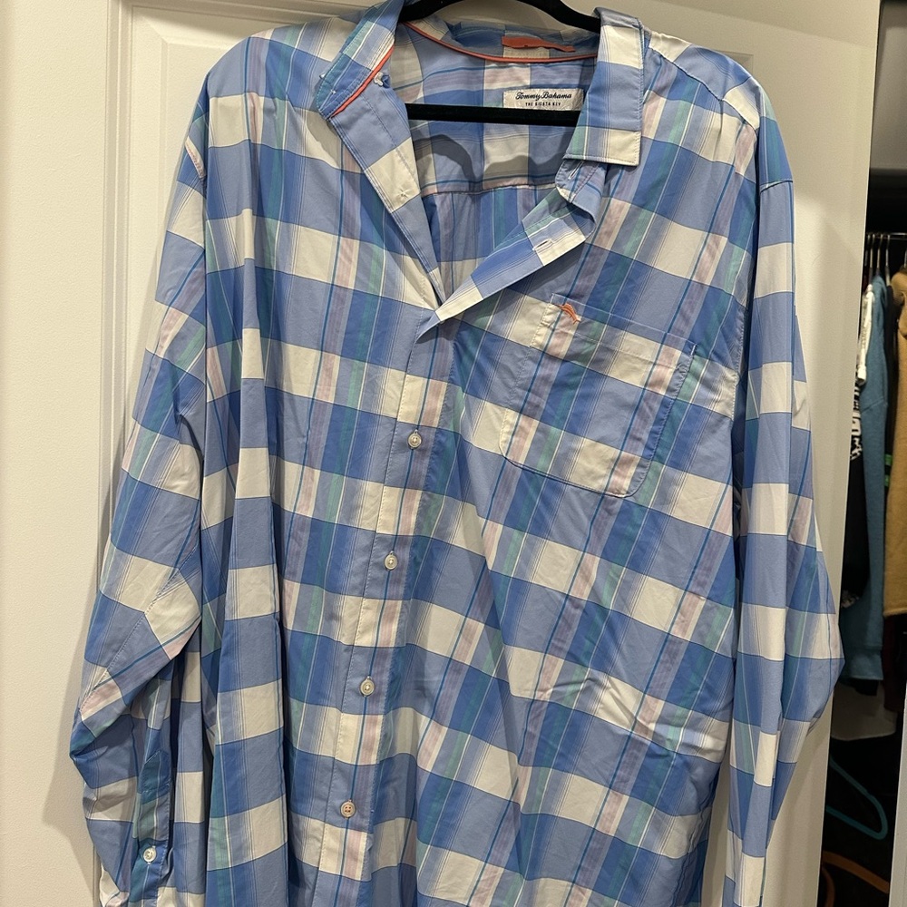 Tommy Bahama Light Blue and White Plaid Shirt